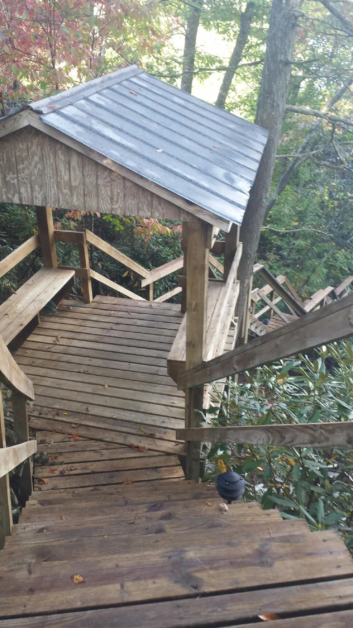 Metal roofed shelter over wooden steps on a wooded walkway — Skylight Repair & Installation work by our crew in Sandy Ridge