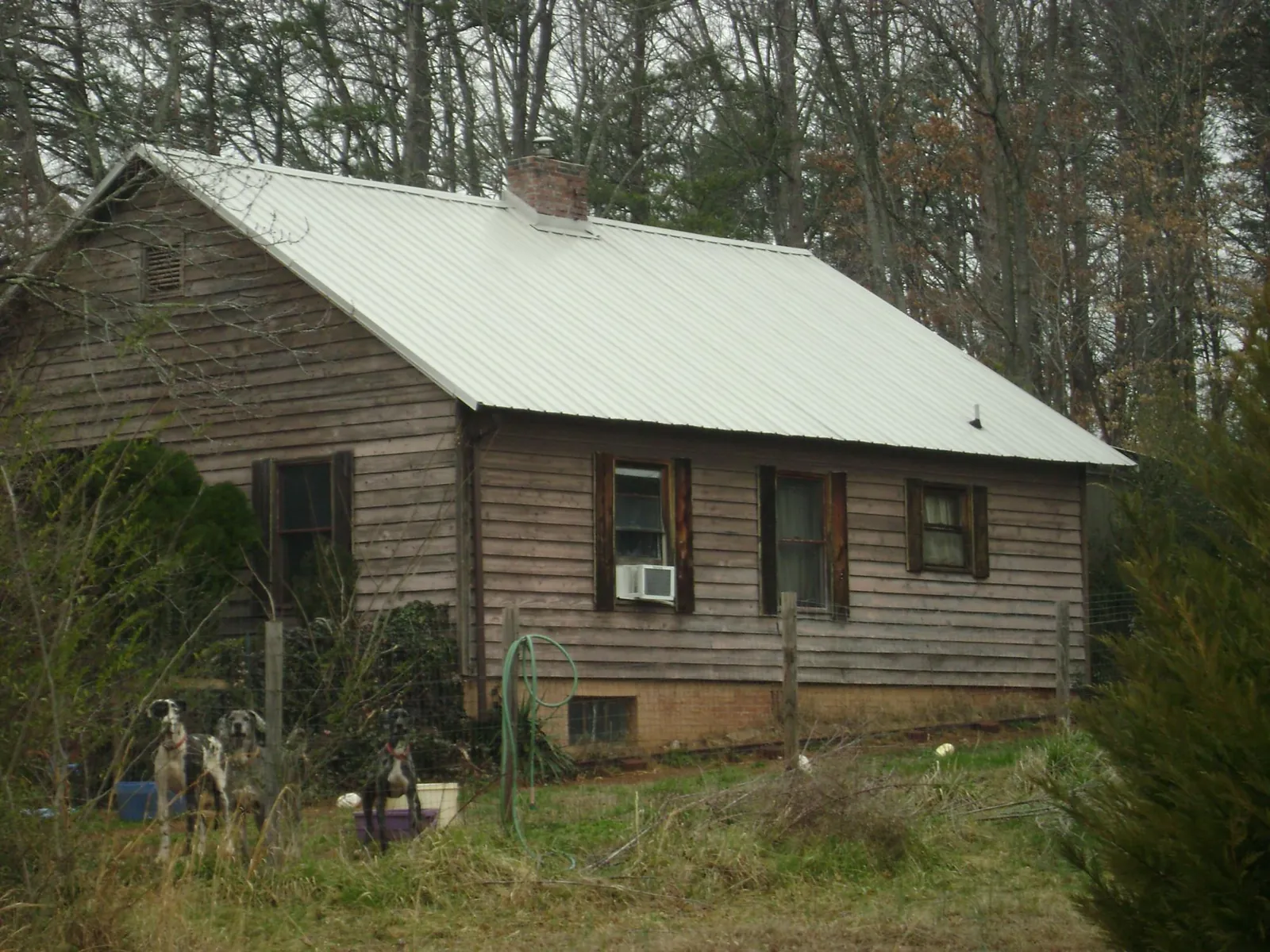 White metal roof on an old wood sided farmhouse, from a Metal Roof Installation job in Sandy Ridge